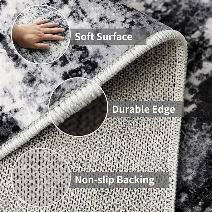 4x10 Wide Washable Runner Rug: Easy-to-Clean Runners for Hallway Entryway Kitchen Bedroom Living Room - Stain and Water Resistant Rugs with Non-Slip Backing - Soft Low-Pile Carpet Black Grey