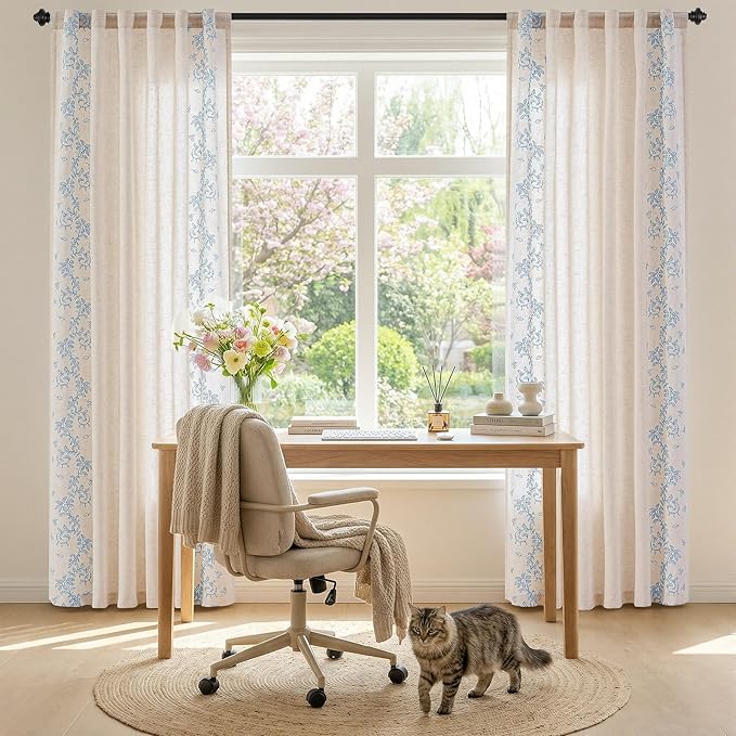jinchan Evelyn Embroidered Linen Curtains for Living Room Farmhouse Floral Curtains for Bedroom Semi Sheer Light Filtering Window Drapes Rod Pocket Back Tab 2 Panels W50 x L96 Blue