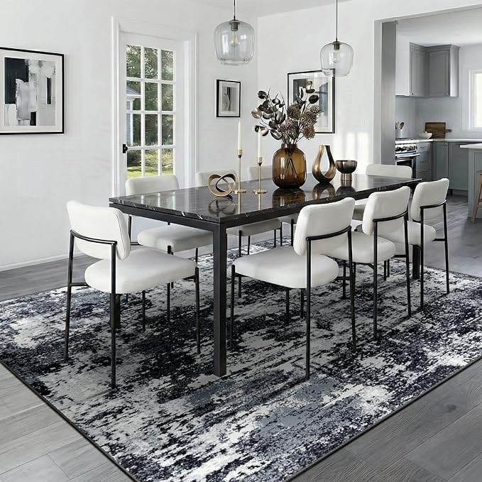 Washable Area Rugs 9'x12' Non-Slip Modern Abstract Soft for Living Room Entryway Bedroom Nursery, Print Pattern, Black Navy Blue Gray