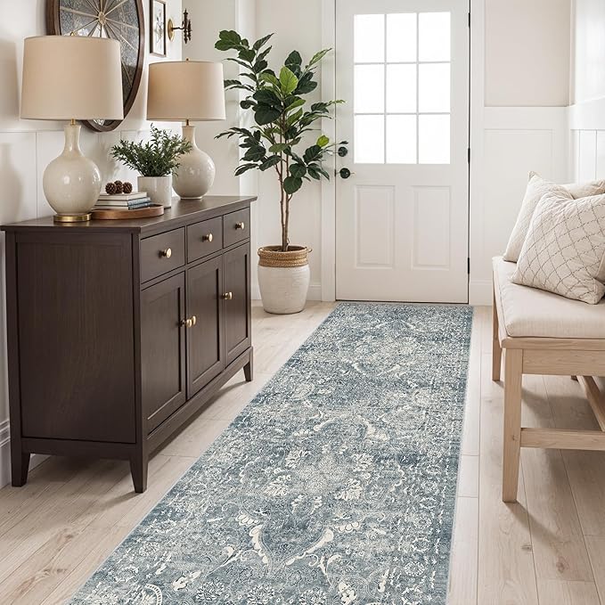 2'6"x8' Washable Hallway Runner Rug - Non Slip Kitchen Runner Rugs with Rubber Backing Vintage Low-Pile Carpet Runners for Entryway Dining Room Laundry Room Home Decor (Blue)
