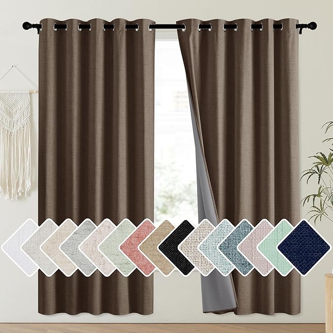 NICETOWN Coffee Vintage Linen 100% Blackout Curtains for Playroom, Thermal Insulated Curtains 72" Long, Noise Reducing Window Treatment Drapes for Laundry Room, 62" Wide Per Panel, Set of 2