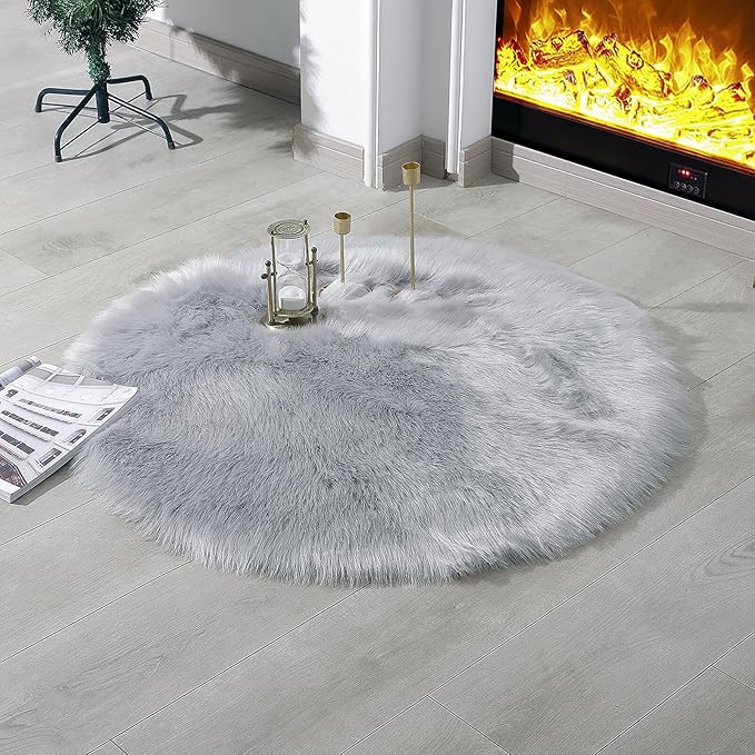 linmopm Faux Fur Rug Sheepskin Shag Fluffy Fuzzy Grey 3x3 ft Rugs for Bedroom Bedside Bed Floor Living Room Plush Round High-Density Cushion Carpet Super Sofa Cover