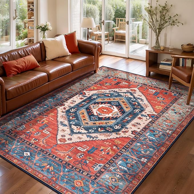 SERISSA Area Rug 3x5 Boho Rugs for Bedroom, Washable Non-Slip Kitchen Rugs, Ultra Soft Print Distressed Tribal Rust Rug Low-Pile Throw Rug Carpet for Entry Bedroom Nursery Living Room Dorm Decor