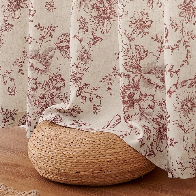 jinchan Lined Linen Blend Curtain Floral Curtains for Living Room 96 Inches Long Farmhouse Red Flower Printed Curtain Rod Pocket Back Tab Peony Patterned Drapes Curtains Set 2 Panels