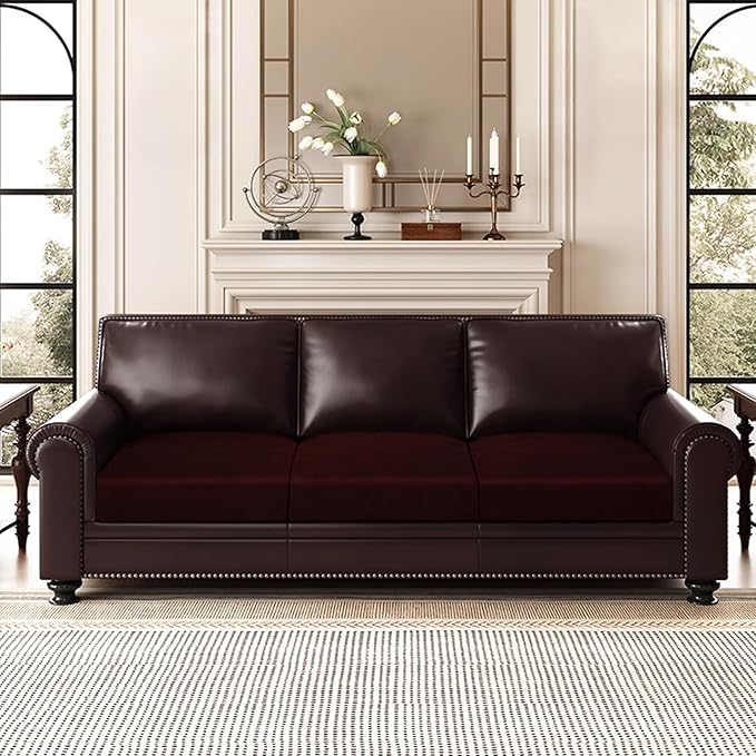 Leather Look Couch Cushion Covers Sofa Seat Slipcovers Sets Couches Furniture Protector for Sectional Armchair Loveseat Pets Kids Stretch Spandex Fabric (3 Cushion Sofa, Burgundy)