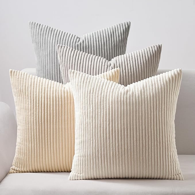 Topfinel 4 Packs Neutral Decorative Throw Pillows Covers 24x24 Inch for Living Room Couch Bed Sofa, Rustic Farmhouse Boho Neutral Home Decor, Soft Plush Striped Corduroy Square Cushion Case 60x60 cm