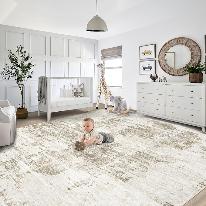 XLUEZ 9x12 Area Rug for Living Room, Washable Modern Abstract Large Area Rug Neutral Soft Non Slip Kids Rug Stain Resistant Indoor Carpet for Bedroom Dining Room Playroom Office(BeigeBrown, 9'x12')