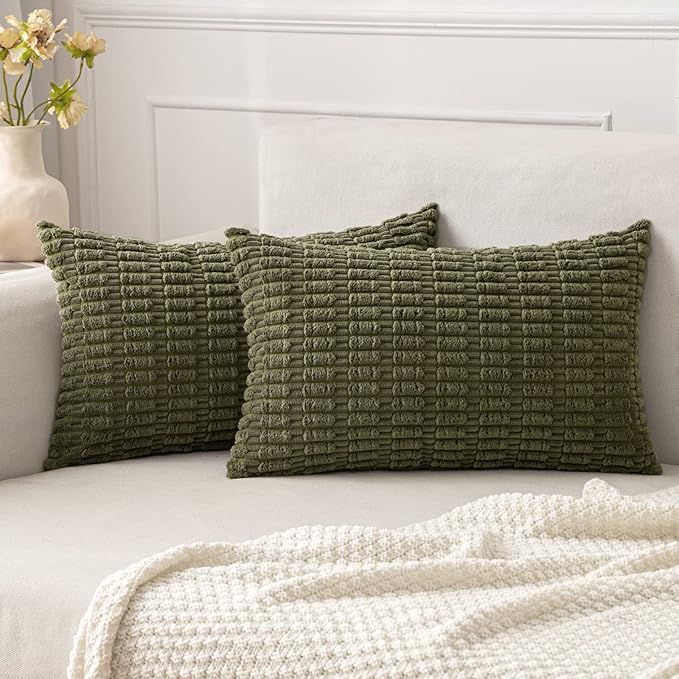 MIULEE Pack of 2 Spring Corduroy Decorative Lumbar Throw Pillow Covers 20x12 Inch Soft Boho Striped Pillow Covers Modern Farmhouse Home Decor for Summer Sofa Living Room Couch Bed Olive Green