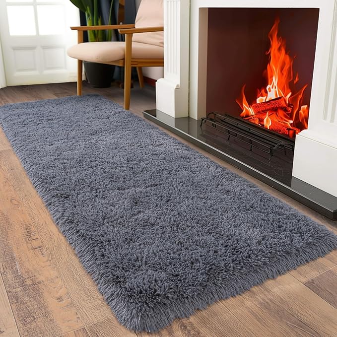 Ultra Soft Runner Rugs for Bedroom Hallways with Upgraded Non-Slip Rubber Backing & Thick Memory Sponge, 2 Packs 2x6 Feet Fluffy Shag Throw Area Rug for Bedside Dorm Dark Grey
