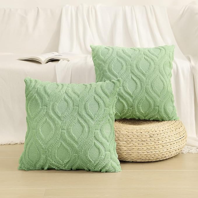 decorUhome Summer Throw Pillow Covers 12x20 Inch Set of 2, Soft Plush Faux Wool Light Sage Green Solid Couch Pillow Covers, Accent Farmhouse Neutral Rectangle Pillow Cases for Sofa Bed Living Room