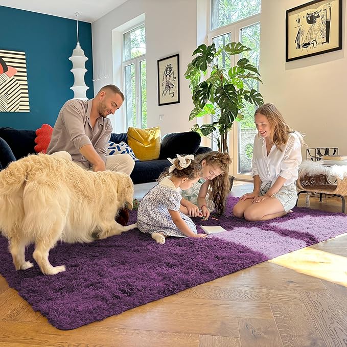 OLANLY Area Rugs for Living Room Bedroom, Machine Washable 4x5.9 ft Soft Fluffy Shaggy Bedside Rug, Indoor Floor Carpet for Kids Girls and Boys, Dorms, Nursery Rooms, Home Decor Aesthetic, Dark Purple