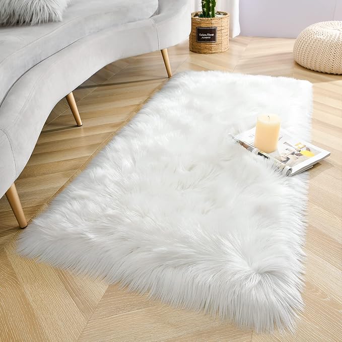 LOCHAS Soft Fluffy Faux Fur Rugs for Bedroom Bedside Rug 2x4 Feet, Washable, Furry Sheepskin Area Rug for Living Room Girls Room, Luxury Shag Carpet Home Decor, White