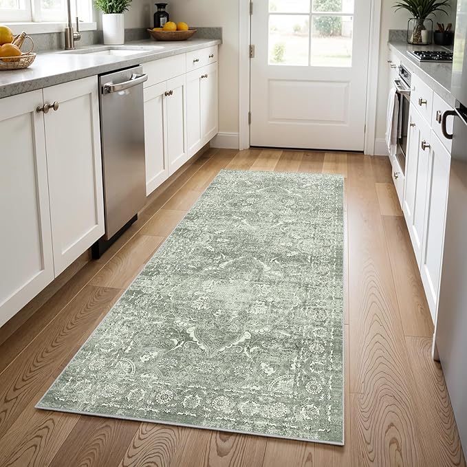 Washable 3x8 Runner Rug - Non-Slip Vintage Runner Rug for Entryway Low-Pile Medallion Long Rugs for Hallway Waterproof Traditional Runner Rug Indoor Thin Rug for Kitchen (Muted Sage Green)