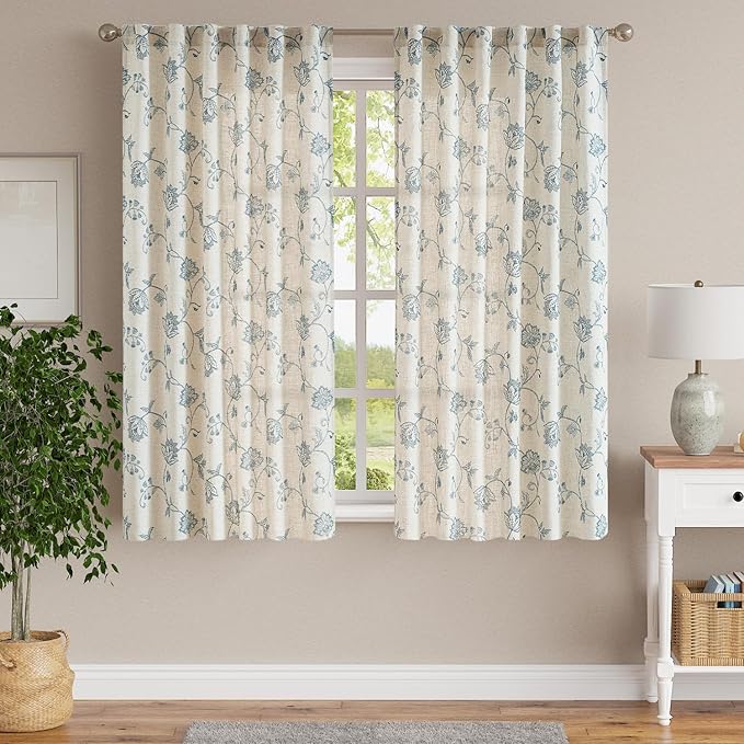 jinchan Linen Curtains Floral Curtains 63 Inch Length for Living Room Bedroom Light Filtering Rod Pocket Back Tab Jacobean Curtains Flax Linen Texture Window Drapes Set 2 Panels Blue on Linen