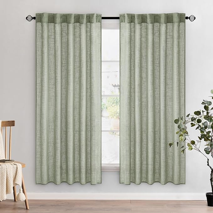 MIULEE Sage Linen Curtains 72 Inch Length 2 Panels for Bedroom Living Room,Green Soft Thick Linen Textured Window Drapes Semi Sheer Light Filtering Back Tab Rod Pocket Burlap Look Decor