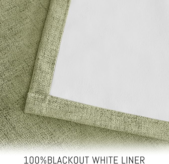 Yakamok Sage Green Linen Curtains 100% Blackout 90 Inches Long,Room Darkening Textured Curtains for Living Room Thermal Grommet Bedroom 2 Panels with Greyish White Liner