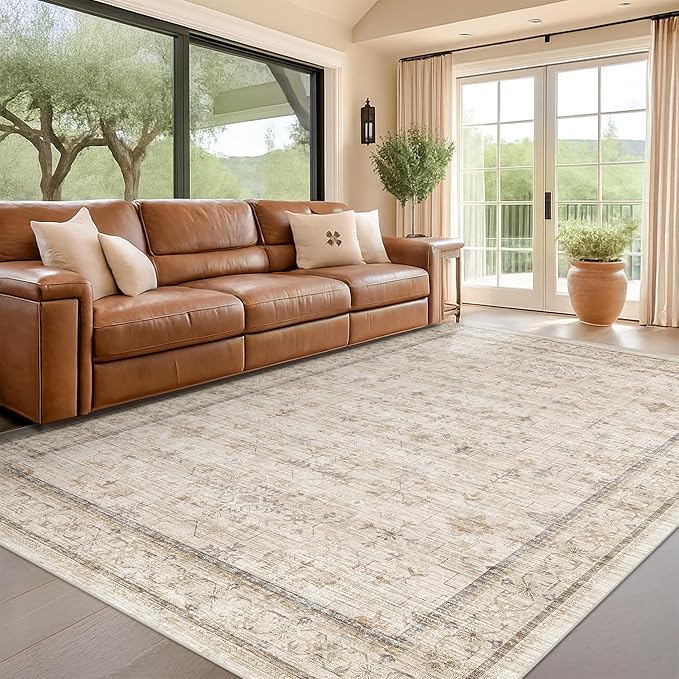 Washable Ivory 5x7 Rug for Bedroom, Home Office, Non Slip Dinning Rugs for Under Table, Low Pile Neutral Farmhouse Retro Living Room Carpet