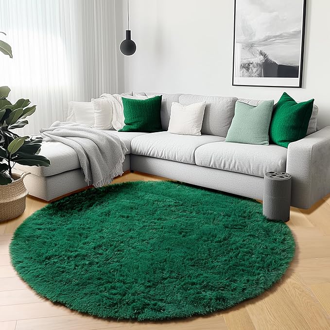 ONASAR Dark Green Round Area Rugs 6ft, Ultra Soft Bedroom Circle Rug for Kids Girls Teen Room, Furry Plush Shaggy Carpet Floor Mat for Baby Nursery Living Room Playroom Dorm Home Decor