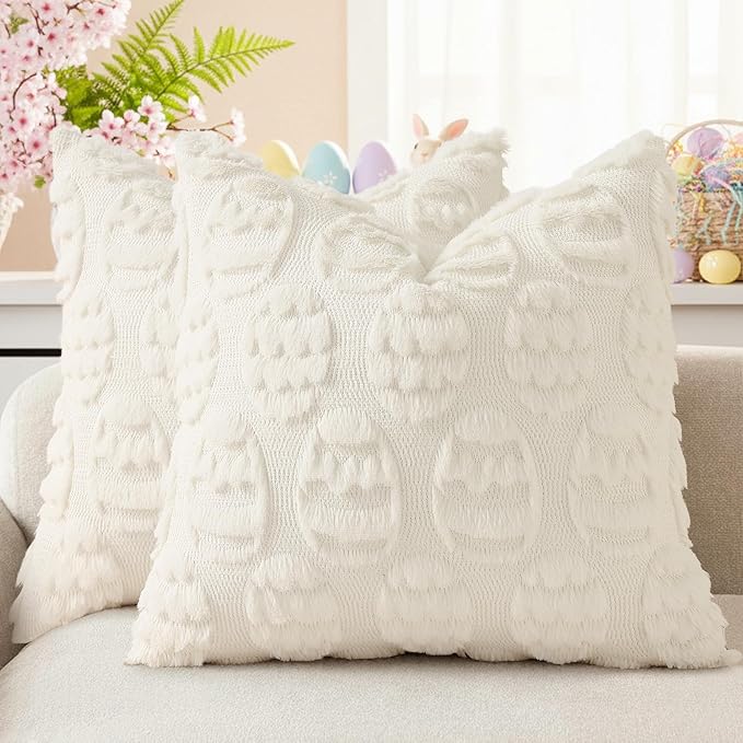 decorUhome Easter Cream White Egg Pillow Covers 18x18 Inch Set of 2, Soft Plush Faux Wool Jacquard Cushion Covers, Farmhouse Neutral Fuzzy Spring Easter Holiday Decor for Couch Sofa Bed