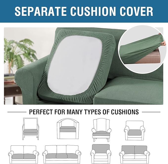 H.VERSAILTEX 3 Piece Stretch Sofa Covers for 2 Cushion Sofa Couch Covers for Living Room Sofa Slipcovers (Base Cover Plus 2 Seat Cushion Covers) Thicker Jacquard Fabric(Large Sofa, Loden Frost)