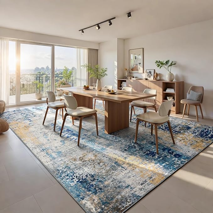 Living Room Rug 7x10 Ultramarine Area Rugs Machine Washable Abstract Boho Large Rug Non-Slip Non-Shedding Faux Wool Indoor Vintage Carpet for Bedroom, Classroom, Dining Room, Kids Playroom