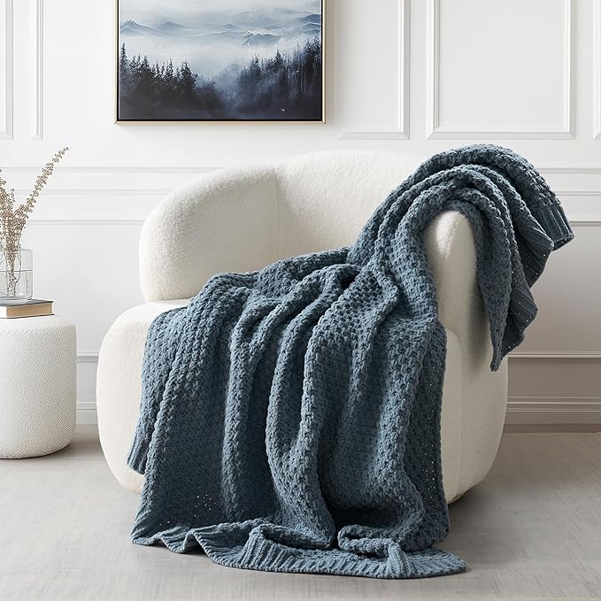 EVERGRACEHOME Chunky Chenille Knit Throw Blanket for Couch, Soft Luxurious Moss Stitch Blankets for Bed, Cozy Decorative Farmhouse Knitted Throws for Sofa, Stormy Blue, 60" x 80"