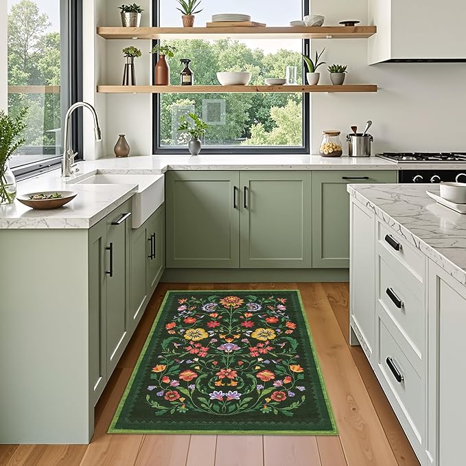 GarveeHome Protea Floral Rug for Entryway 2x3 Rugs Machine Washable Boho Small Area Rug Non-Slip Low-Pile Front Door Soft Mat for Entrance, Bedroom, Kitchen, Laundry, Bathroom, Forest Green