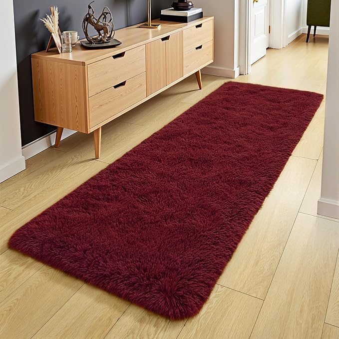 Tepook Soft Runner Rugs for Bedroom 2x6 with Rubber Backing, Burgundy Red Fluffy Rugs for Hallway, Shag Bedside Rug Fuzzy Plush Carpet for Living Room Dorm Nursery Indoor Home Decor