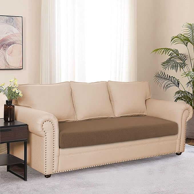 Water Resistant Couch Cushion Covers, Stretch Sofa Seat Slipcover for 3 Cushion Couch Sofa, Thick RV Dinette Cushion Covers Furniture Protector, Washable (Large, Coffee)