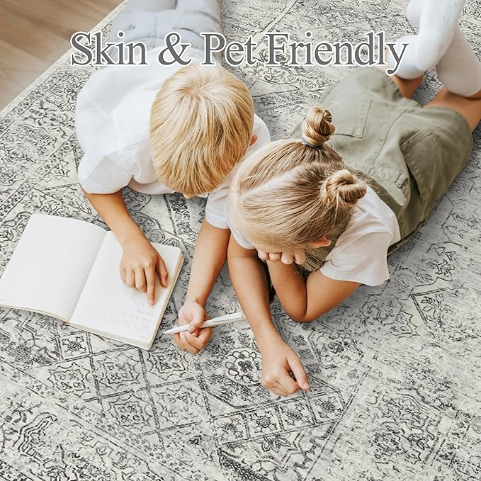 Soalmost 6x9 Area Rug for Living Room Floral Washable Non-Slip Gray Rugs for Bedroom Dinning Room Ultra-Thin Indoor Grey Rug