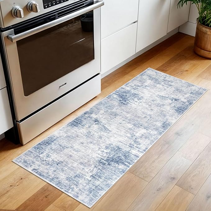 IOHOUZE Abstract Runner Rug 2x5 Ft Washable Runners for Hallways, Non Slip Kitchen Runner Printed Faux Wool Entryway Runner Indoor, Modern Floor Carpet for Hall Kitchen Bedroom, Light Blue Grey