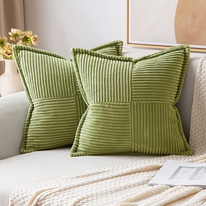 MIULEE Spring Decorative Throw Pillow Covers for Couch Bed Livingroom 18x18 Inch Set of 2 Green Boho Accent Throw Pllows Broadside Striped Patchwork Soft Corduroy Summer Pillowcases