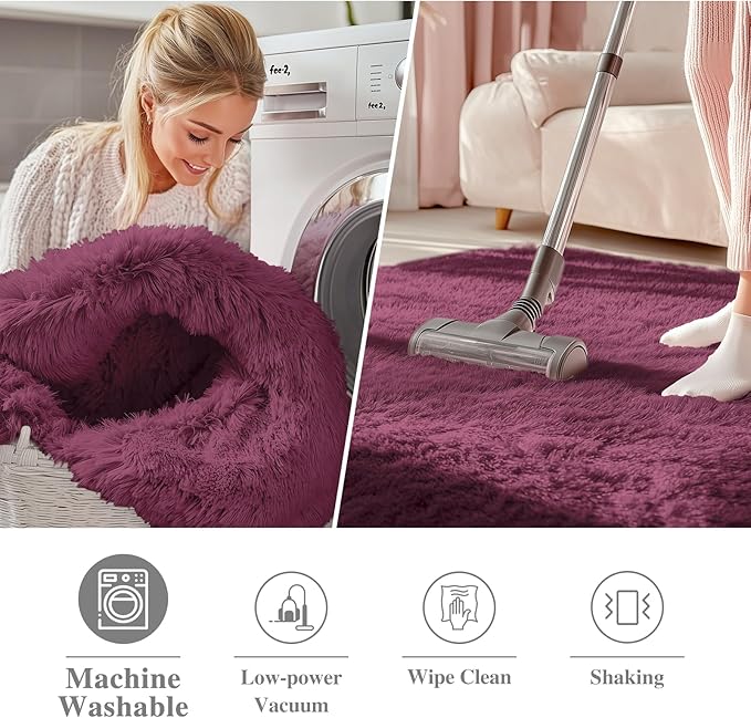 OLANLY Burgundy Round Rugs for Bedroom - Machine Washable, 9 ft Circle Area Rugs for Living Room, Soft and Fluffy Shaggy Carpet for Teen Girls and Boys, Nursery Rooms, Dorms, Home Decor Aesthetic