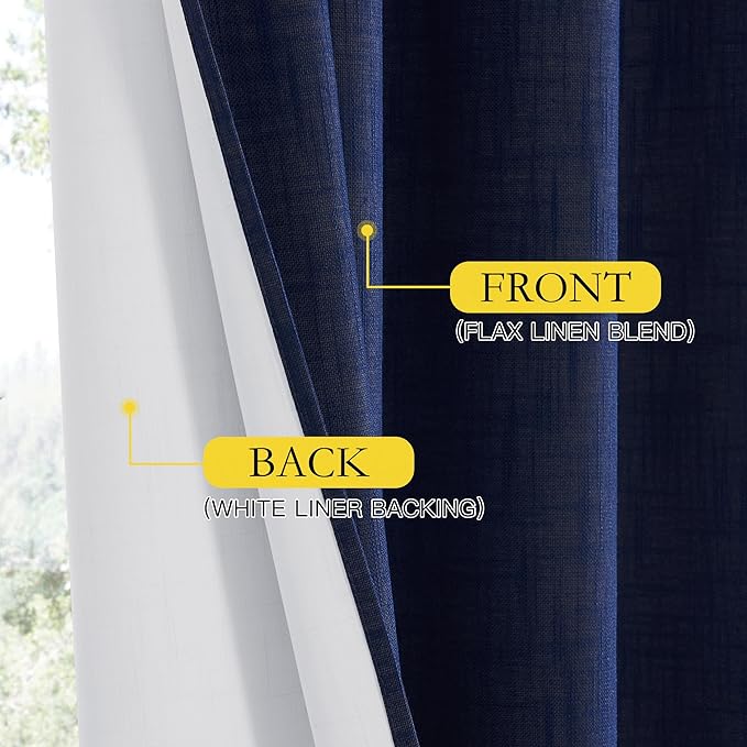 NICETOWN 100% Absolutely Blackout Linen Curtains with Thermal Insulated White Liner, Dark Blue, W52, 2 Pieces, Noise Reducing Textured Linen Look Curtains for Windows 108 inch Length for Classroom