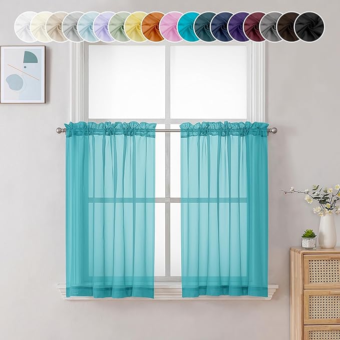 Chyhomenyc Turquoise Sheer Curtains 36 inch Length 2 Panels, Light Filtering Voile Rod Pocket Short Window Curtians for Bathroom Living Room Farmhouse Small Windows, 42Wx36L inches