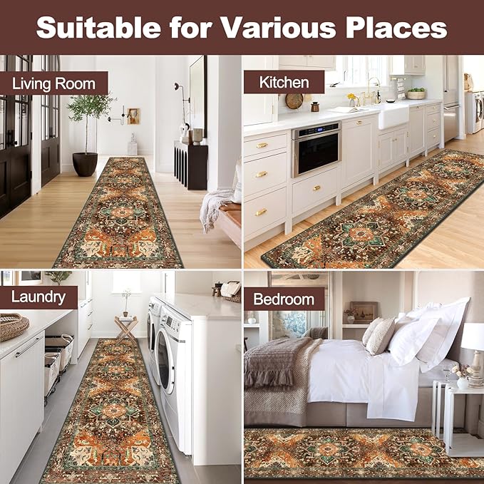 Yamaziot Washable Runner Rug, 3x10 Non-Slip Boho Vintage Hallway Rug with Rubber Backing, Low Pile Faux Wool Distressed Carpet Runner for Bedroom, Kitchen, Laundry, Entrance