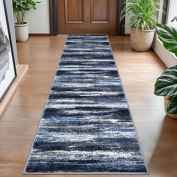 Lansny Modern Abstract Hallway Runner Rug, Navy Blue Washable Kitchen Runner Non-Slip Soft 2x8 Runner Rug Thin Print Faux Wool Carpet for Entryway Bedroom Laundry Room Indoor
