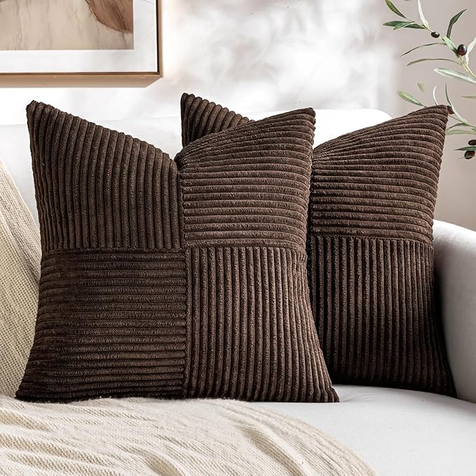 MIULEE Dark Brown Decorative Throw Pillow Covers 18x18 Inch for Couch Bed Sofa Pack of 2 Boho Farmhouse Throw Pillows Soft Cross Corduroy Patchwork Textured Cushion Cases