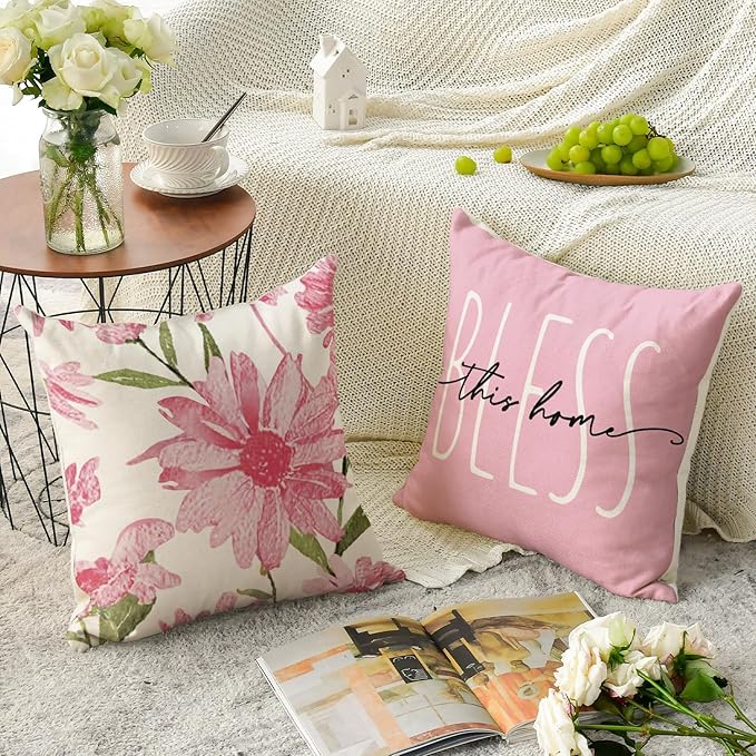 AVOIN colorlife Home Sweet Home Spring Summer Flowers Pink Throw Pillow Covers, 20 x 20 Inch Cushion Case for Sofa Couch Set of 4