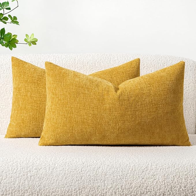 MIULEE Pack of 2 Mustard Yellow Throw Pillow Covers 12x20 Inch Soft Spring Chenille Lumbar Pillow Covers for Sofa Living Room Couch Solid Dyed Cases