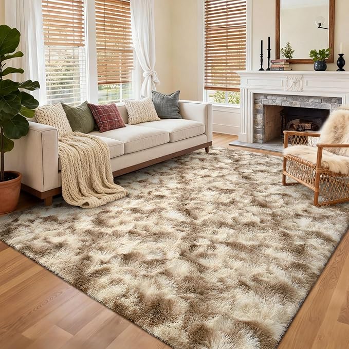 6x9 Ft Large Shag Rugs for Living Room Decor, Tie-Dyed Ultra Soft Fluffy Furry Area Rugs for Bedroom Indoor Floor, Aesthetic Carpet for Kids Home (Khaki)