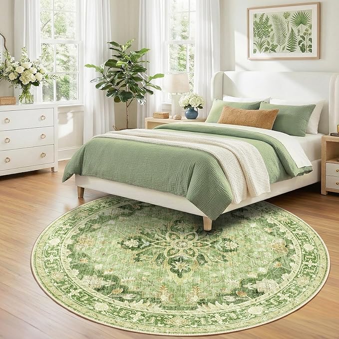 Area Rugs 8ft Washable Non-Slip, Floral Vintage Distress Print Pattern Medallion Carpet for Living Room Bedroom Dining Room, Sage Green Yellow