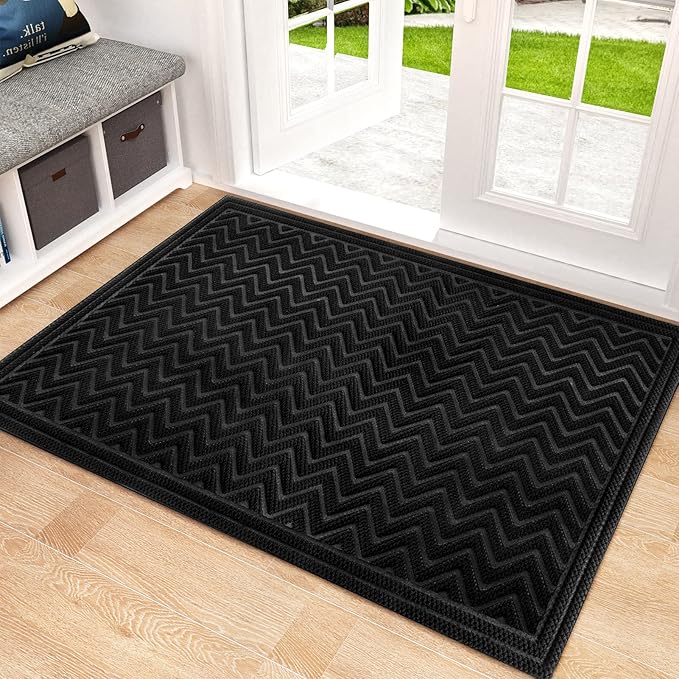 Mibao Front Door Mat, Dirt Trapper Welcome Mat for Outdoor Indoor, Non-Slip Waterproof Doormat, Durable Low Profile Entry Rug for Back Door Outside Patio Porch, 35.5" x 24", Black