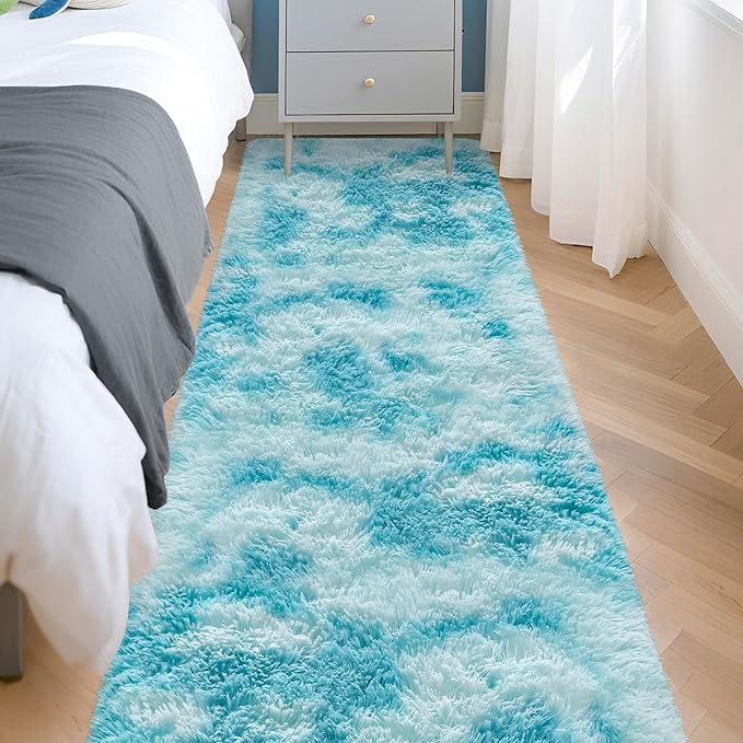 Tie-Dyed Sky Blue 2x8 Machine Washable Runner Rugs for Hallway Soft Fluffy Shaggy Bedside Rugs for Bedroom Living Room Indoor Floor Carpet for Kids Girls and Boys Nursery Rooms Home Decor Aesthetic