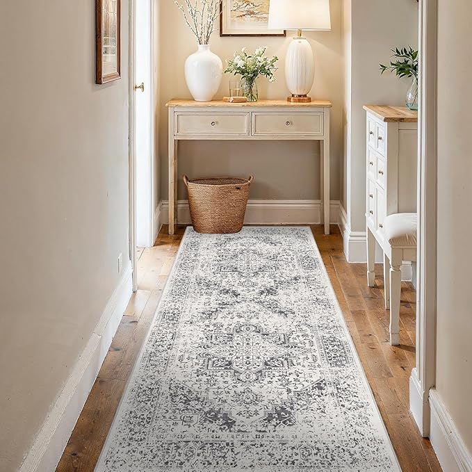 3x6 Washable Hallway Runner Rug - Non Slip Kitchen Runner Rugs with Rubber Backing Vintage Low-Pile Carpet Runners for Entryway Dining Room Laundry Room Home Decor (Distessed Grey)