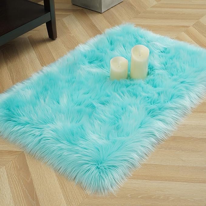 LOCHAS Soft Fluffy Faux Fur Rugs for Bedroom Bedside Rug 2x3 Feet, Washable, Furry Sheepskin Area Rug for Living Room Girls Room, Luxury Shag Carpet Home Decor, Blue