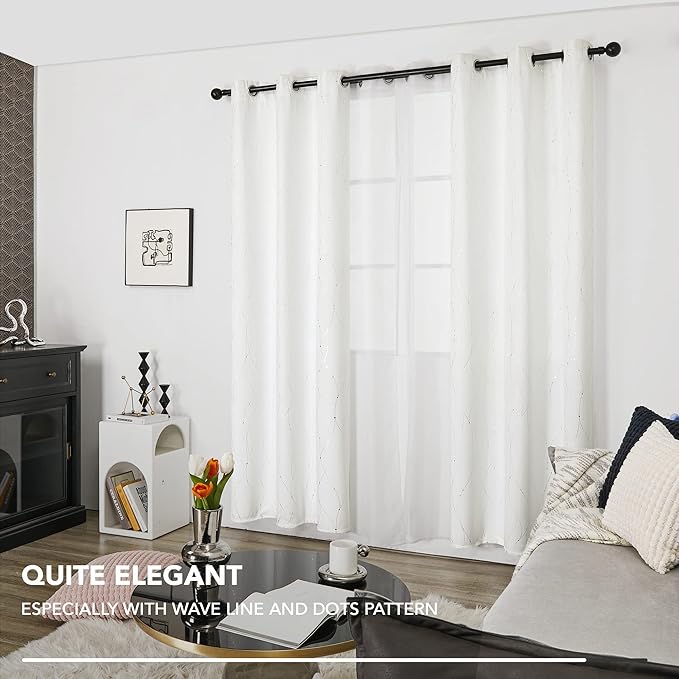 Deconovo White Curtains, Room Darkening Curtain, Thermal Insulated Soundproof Drapes, Wave Dots Silver Print, 38 x 36 Inch Long, Grommet Top, Window Panels for Living Room Bedroom Kitchen, Set of 2
