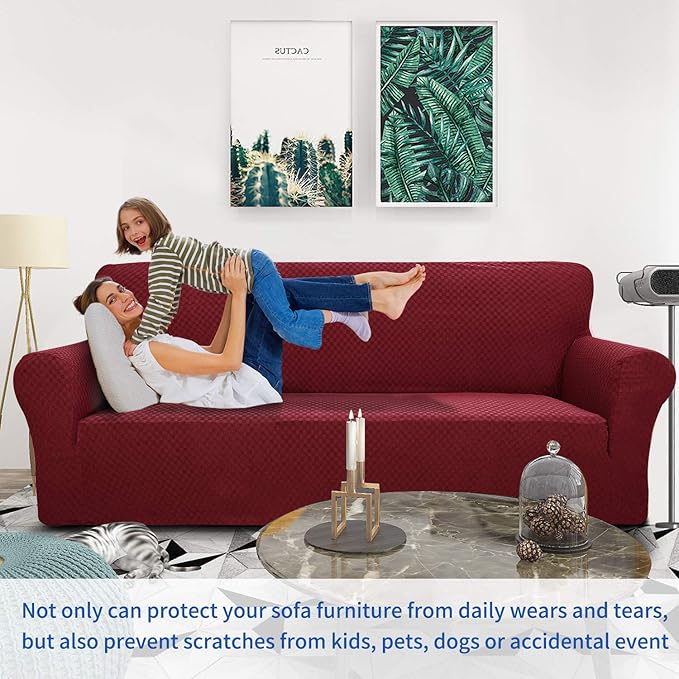 ZNSAYOTX 1 Piece Jacquard Couch Covers for 2 Cushion Couch High Stretch Loveseat Slipcover for Pets Dogs Anti Slip Love Seat Sofa Slipcover Furniture Protector (Loveseat, Wine Red)