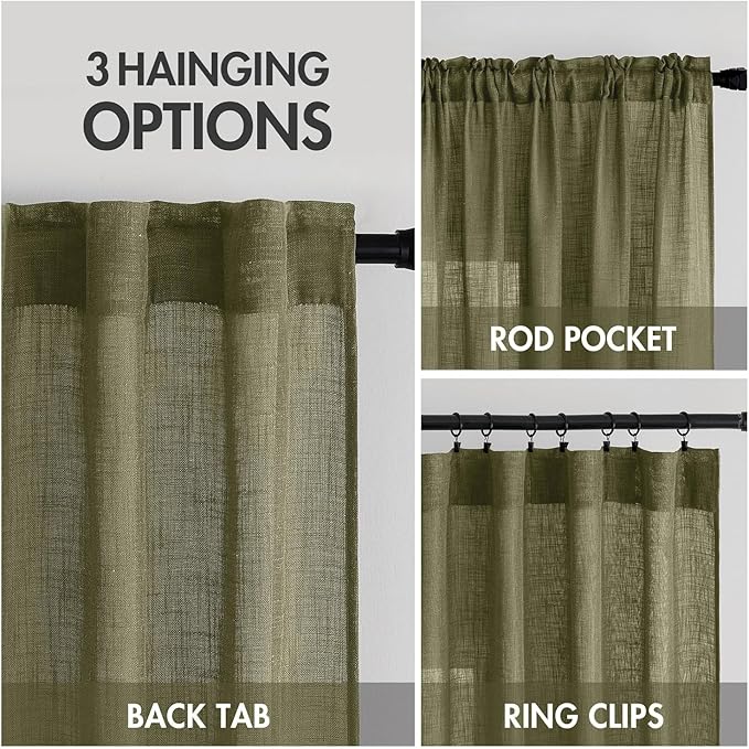 MIULEE Light Olive Green Linen Curtains 90 Inch Long 2 Panels for Bedroom Living Room, Soft Linen Textured Natural Window Drapes Semi Sheer Light Filtering Back Tab Rod Pocket Burlap Look Decor