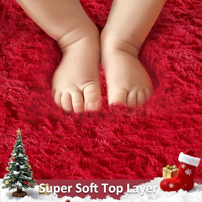 Ophanie Round Rug 4Ft Red Circle Area Rug, Christmas Room Decor, Aesthetic Nursery Bedroom Carpet, Fluffy Fuzzy Plush Soft Shaggy Living Room Rugs for Kids Boys Girls Home, Classroom